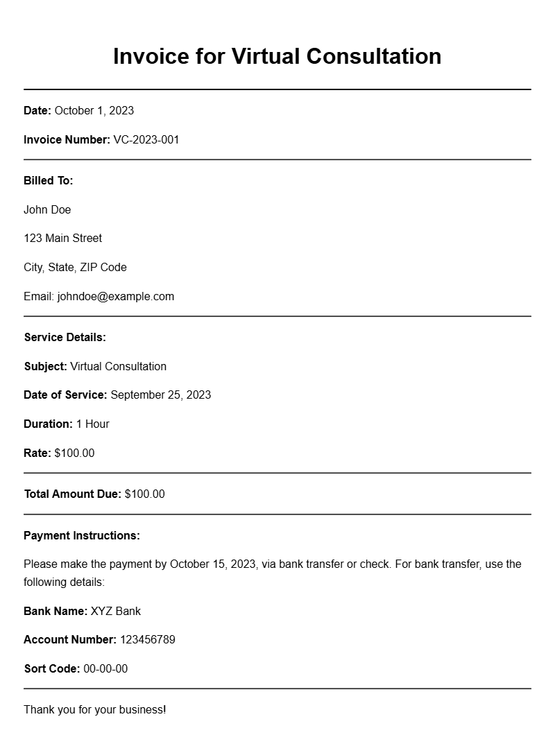 Virtual Consultation Invoice Samples for Your Business Needs