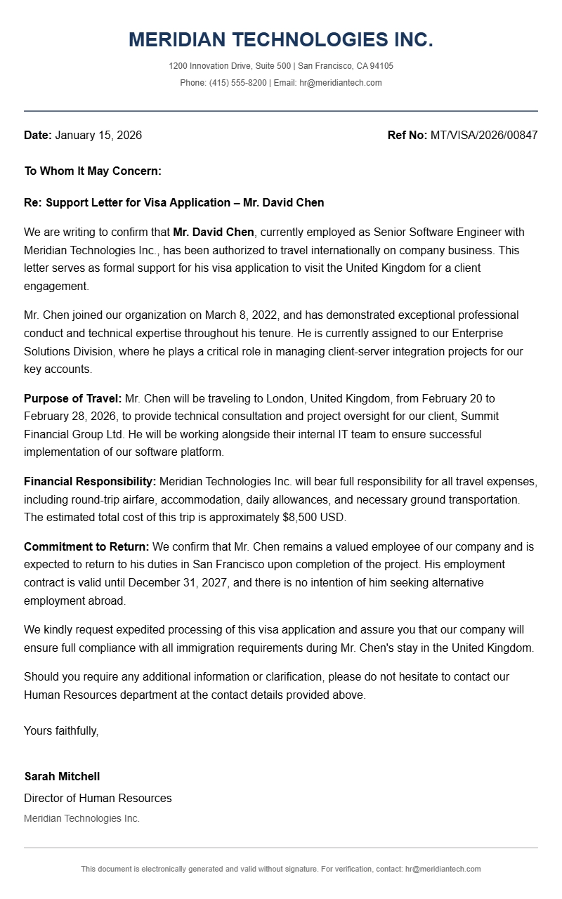 Visa Support Letter Samples
