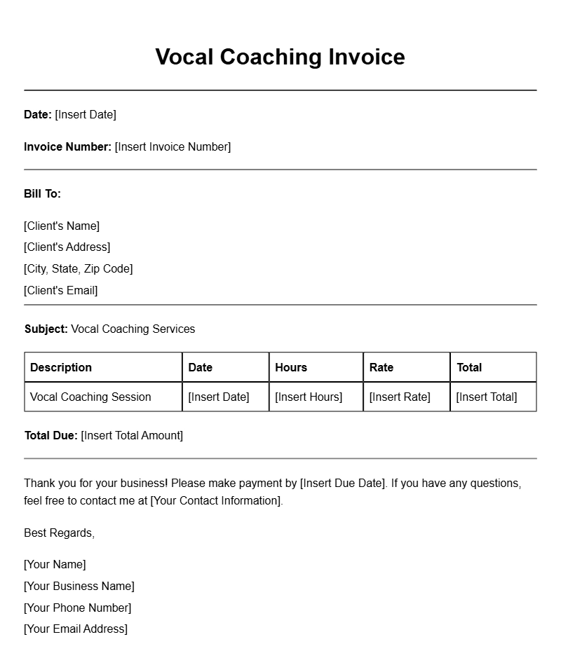 Vocal Coach Invoice Templates for Easy Billing