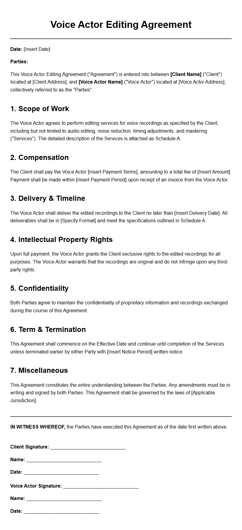 Voice Actor Editing Agreement Templates for Professionals