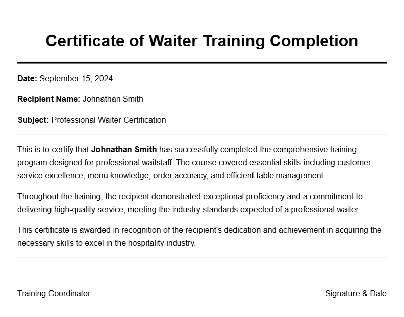 Sample Waiter Certificates for Professional Recognition