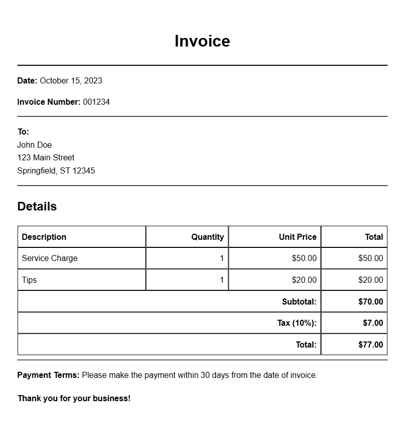 Waiter Invoice Samples for Efficient Billing and Payments