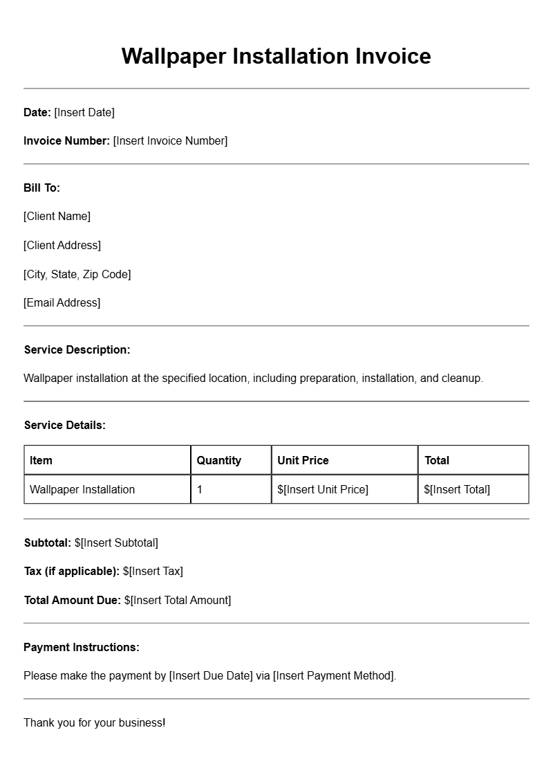 Wallpaper Installation Invoice Templates for Professionals
