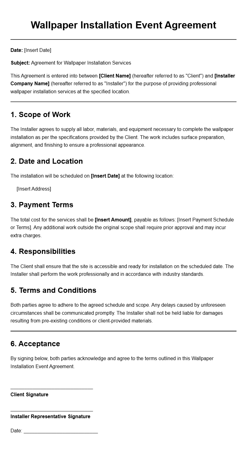 Wallpaper Installer Event Agreement Templates for Contractors