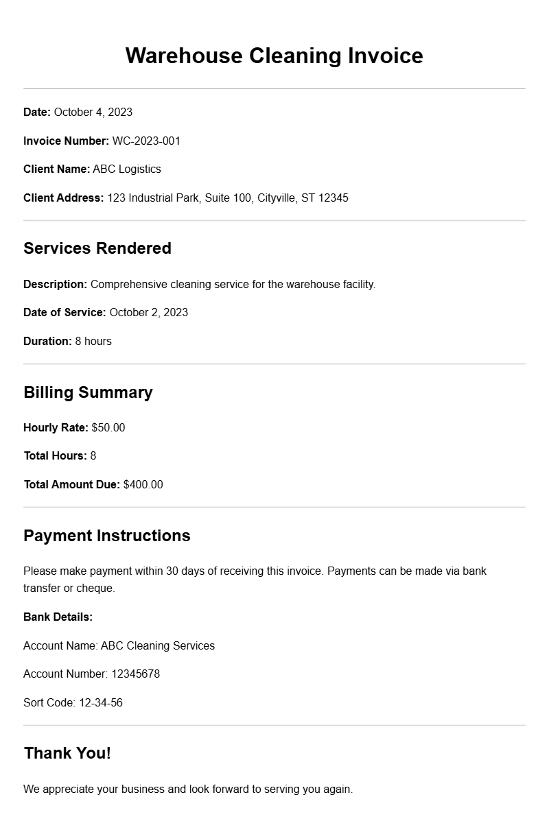 Warehouse Cleaning Invoice Samples for Your Business Needs