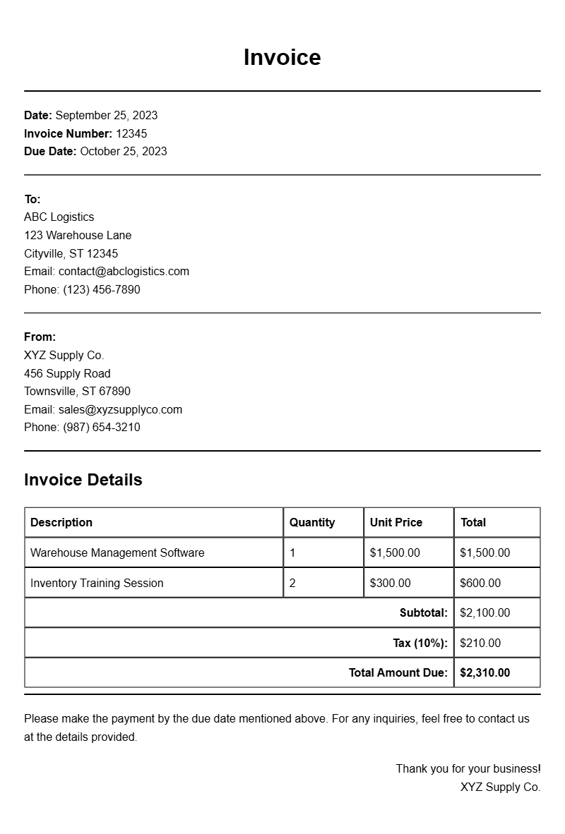 Warehouse Manager Invoice Samples for Effective Billing
