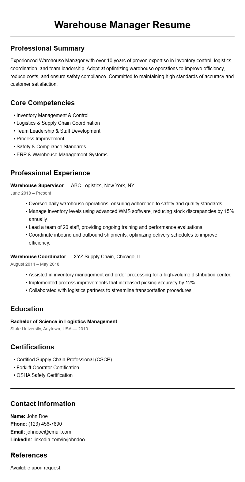 Effective Warehouse Manager Resume Templates for a Strong Application