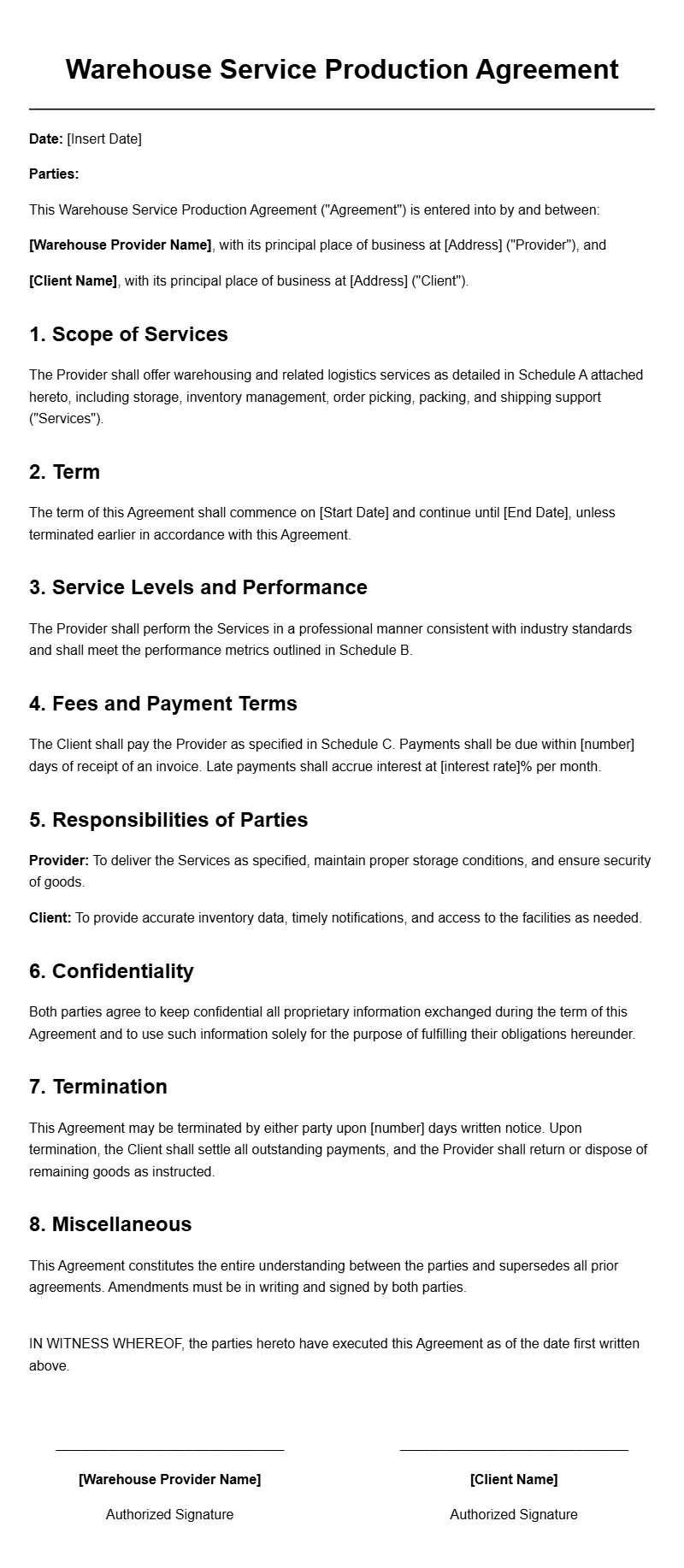 Warehouse Service Production Agreement Templates