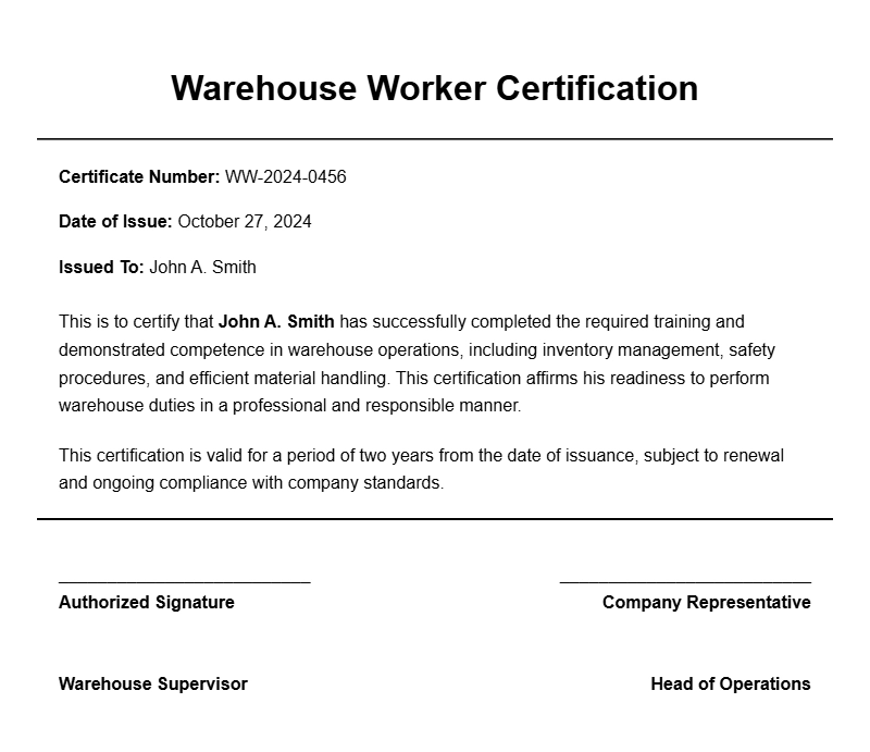Sample Warehouse Worker Certificates for Professional Certification