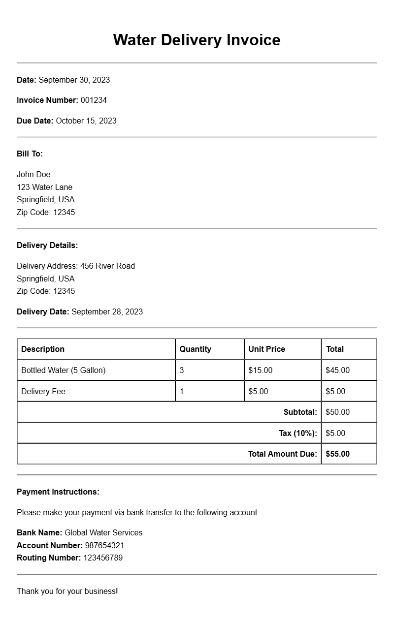 Water Delivery Invoice Samples for Easy Reference