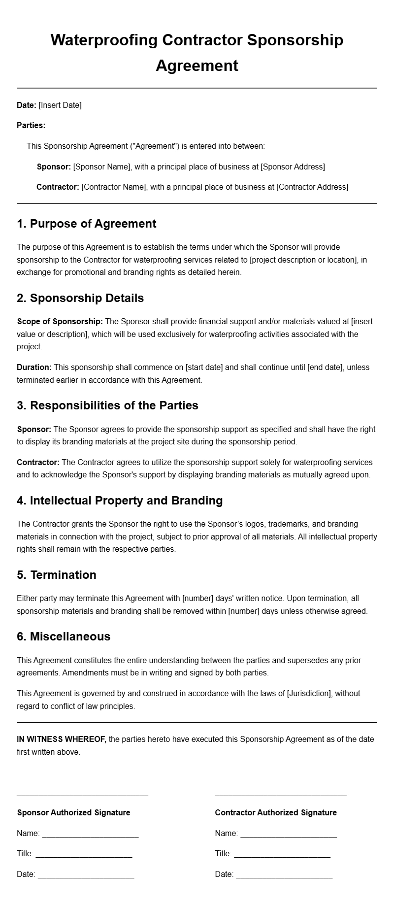 Waterproofing Contractor Sponsorship Agreement Templates