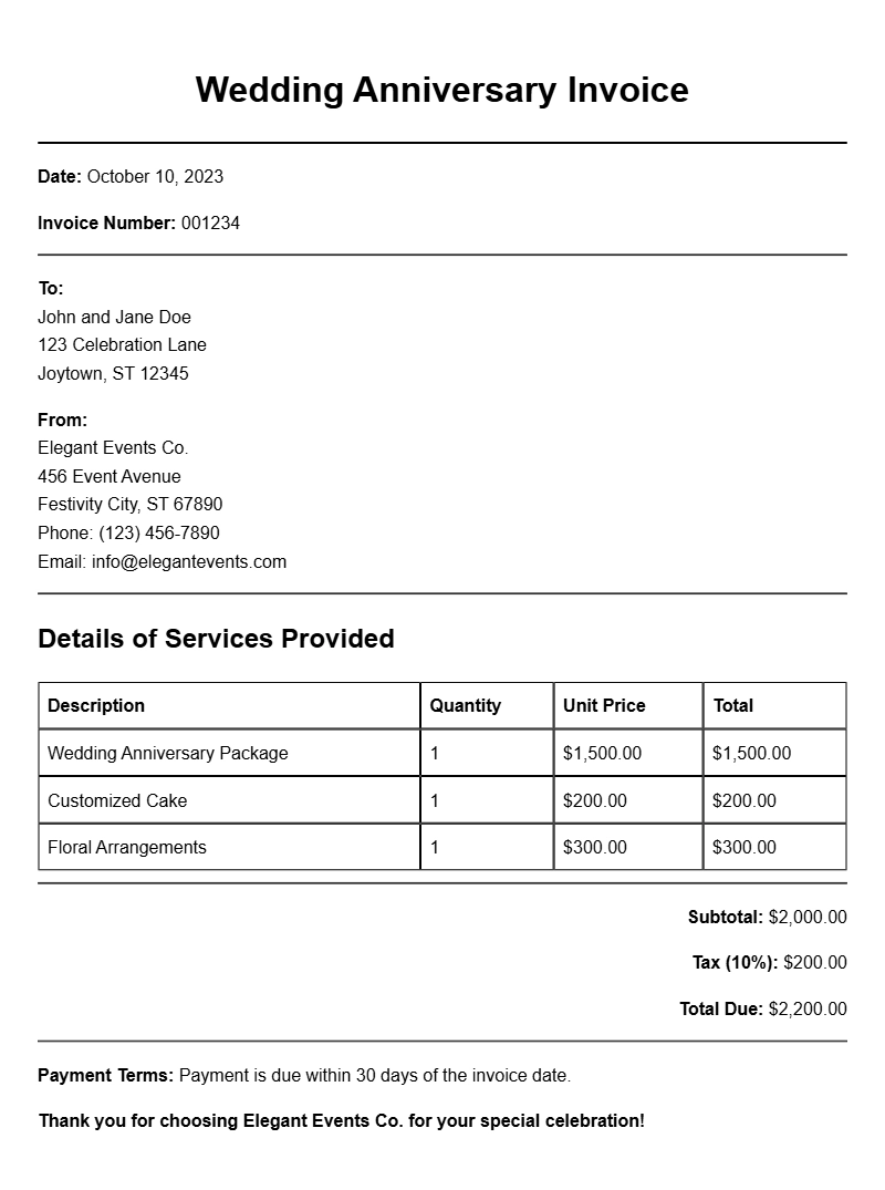 Wedding Anniversary Invoice Samples for Memorable Celebrations