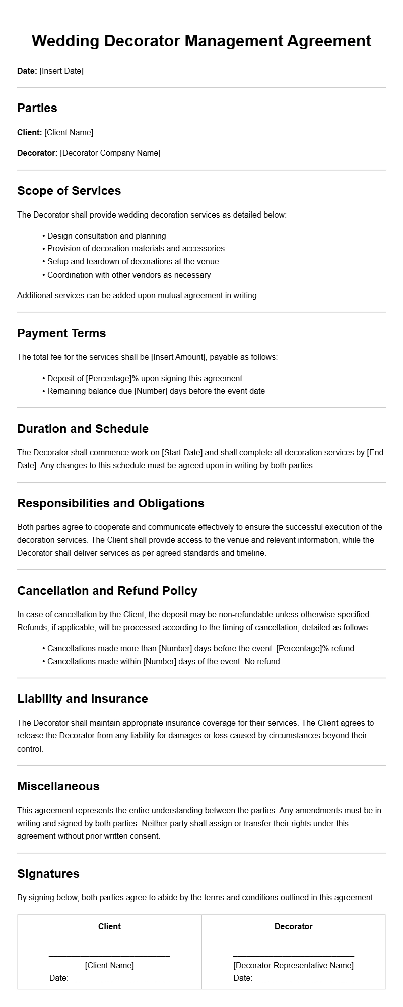Wedding Decorator Management Agreement Templates for Smooth Planning