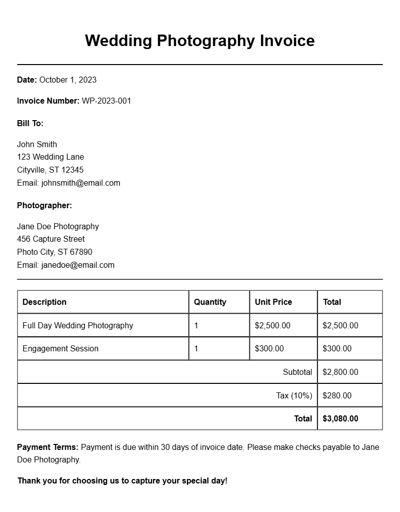 Wedding Photographer Invoice Samples for Your Business Needs