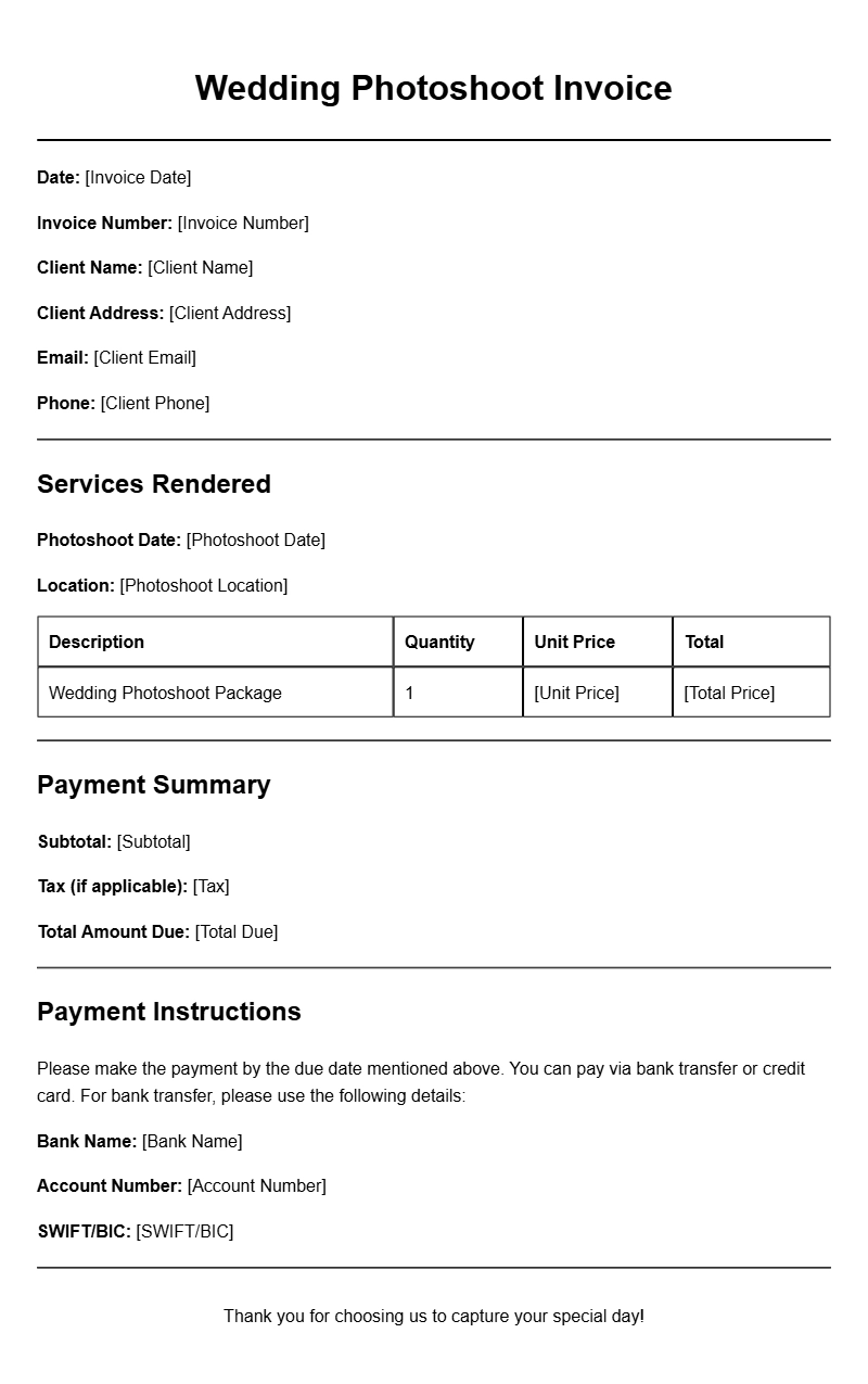 Wedding Photoshoot Invoice Templates for Photographers
