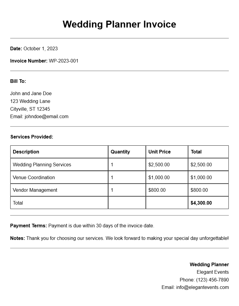 Wedding Planner Invoice Templates for Seamless Billing