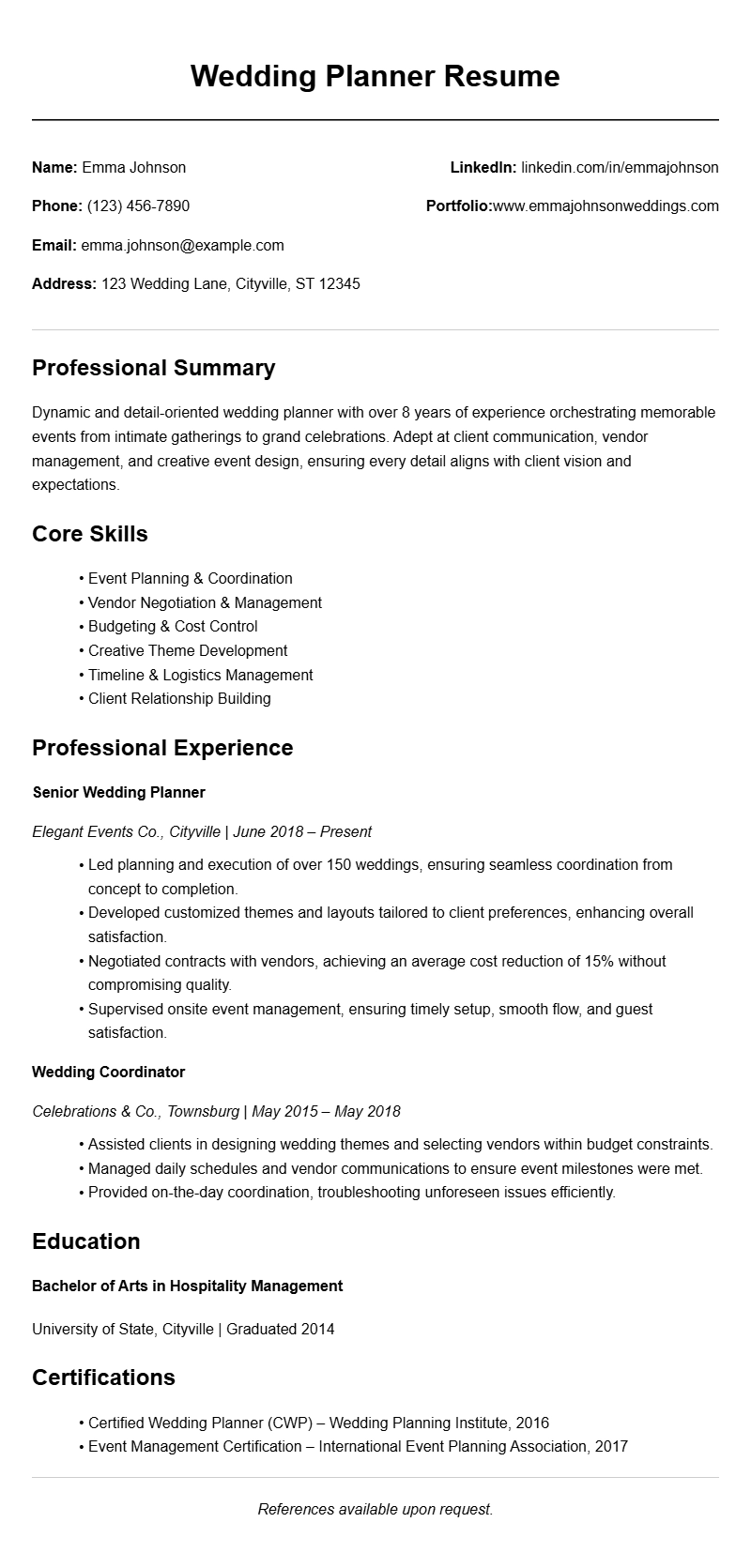 Wedding Planner Resume Samples to Impress Employers