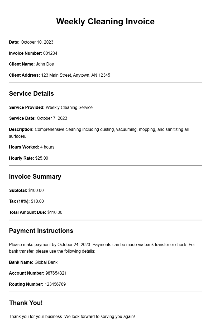 Weekly Cleaning Invoice Samples for Your Business Needs