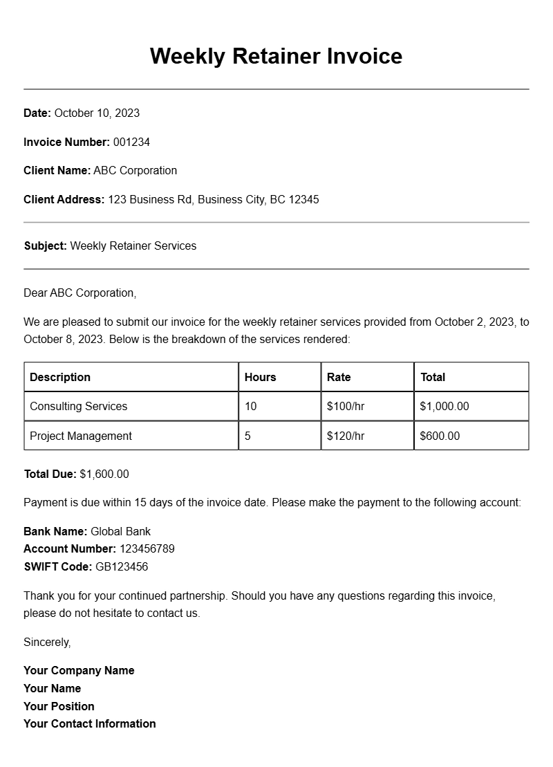 Weekly Retainer Invoice Samples for Your Business Needs