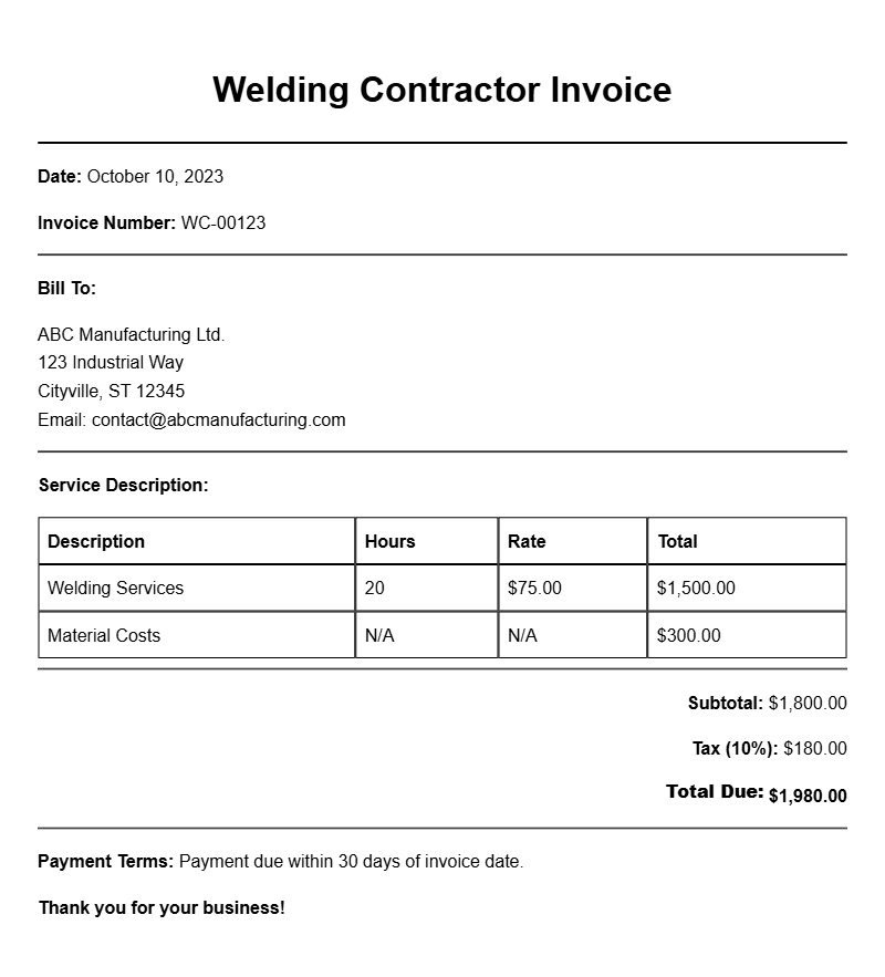 Welding Contractor Invoice Samples for Your Business