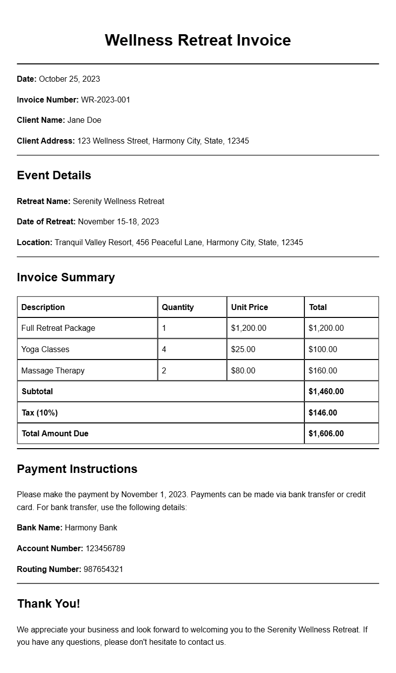 Wellness Retreat Invoice Samples for Your Business Needs