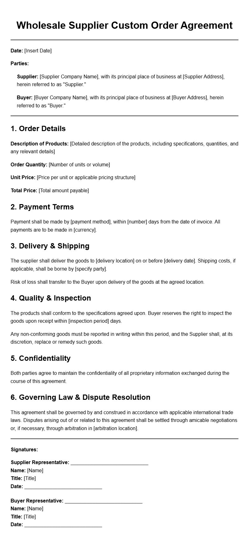Wholesale Supplier Custom Order Agreement Templates