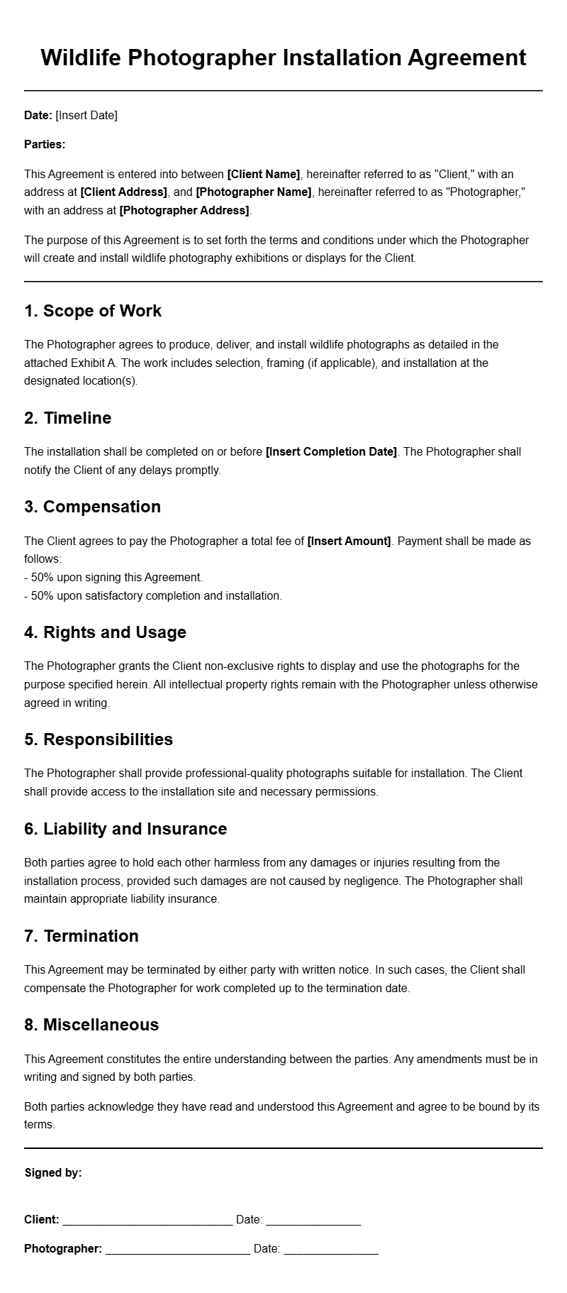 Wildlife Photographer Installation Agreement Templates
