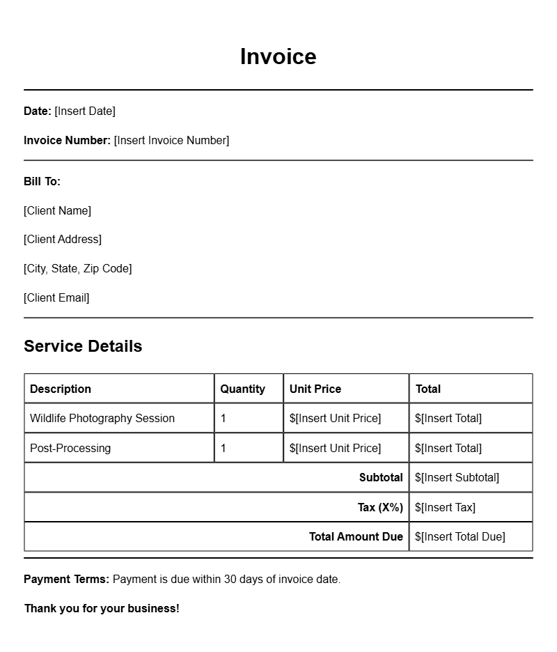 Wildlife Photographer Invoice Templates for Easy Billing