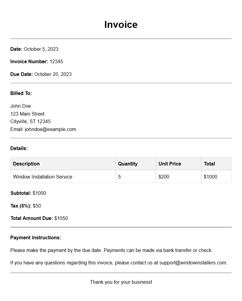 Window Installer Invoice Samples for Easy Reference
