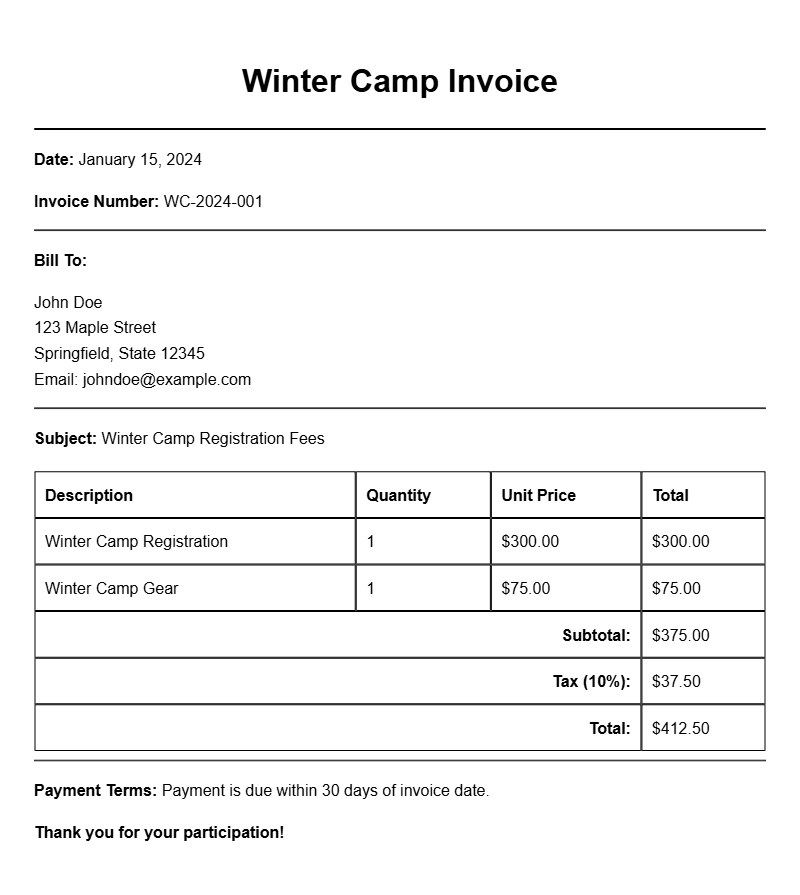 Winter Camp Invoice Templates for Easy Billing