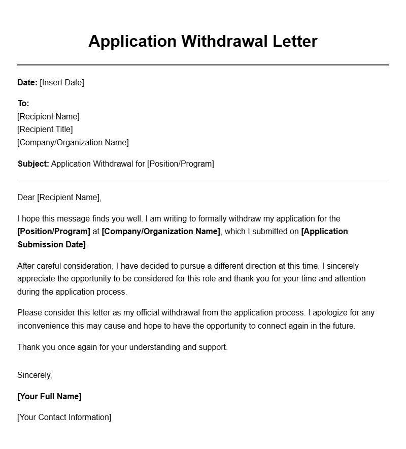 Withdrawal from Application Letter Templates for Job Applications