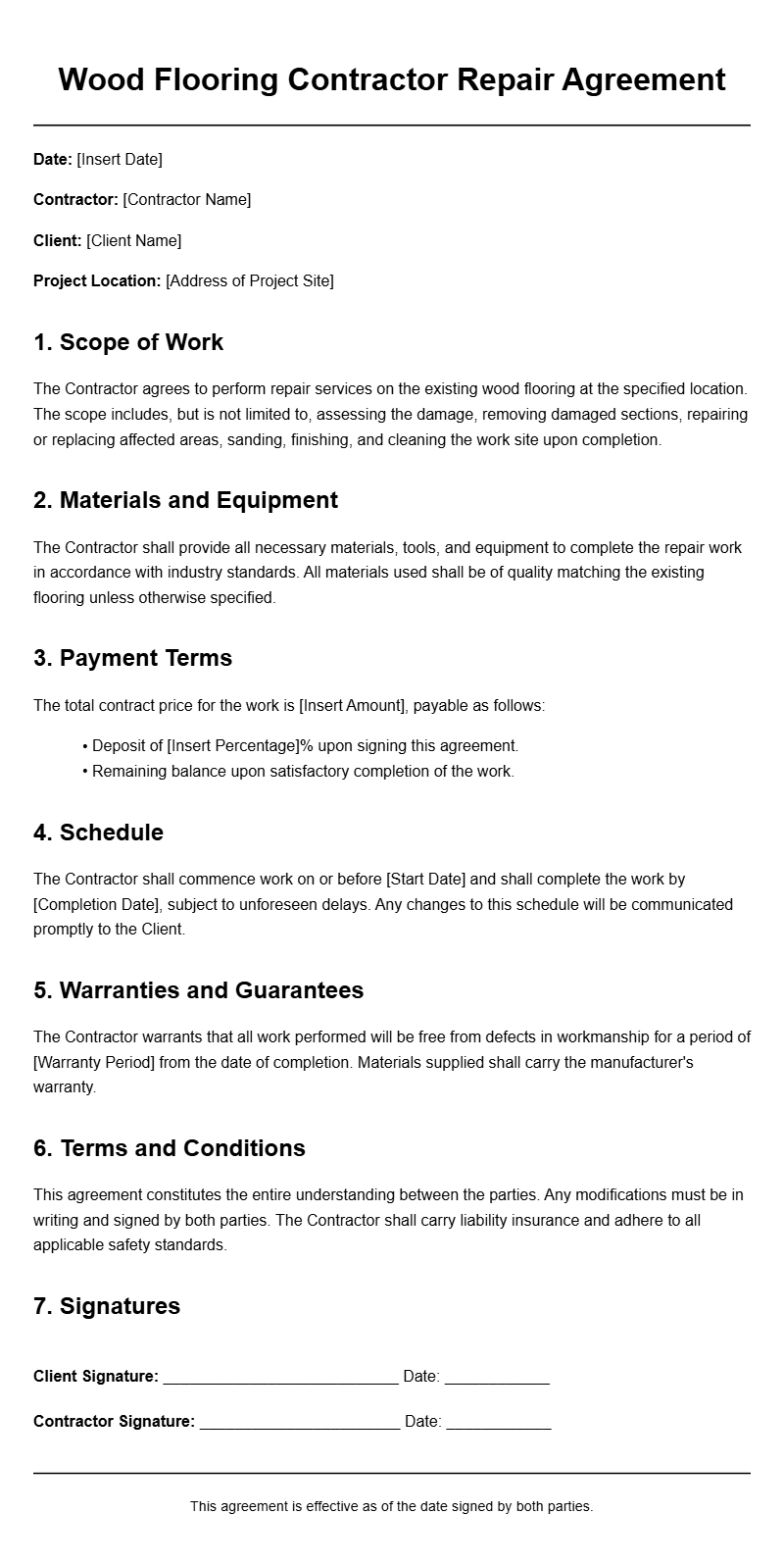 Wood Flooring Contractor Repair Agreement Templates