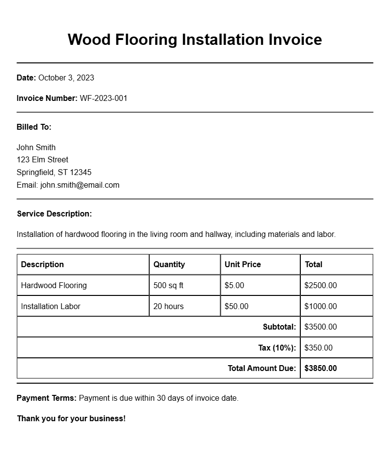 Wood Flooring Installation Invoice Samples for Your Business