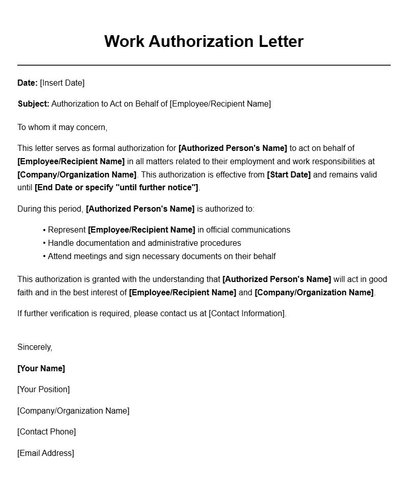 Work Authorization Letter Templates for Various Needs