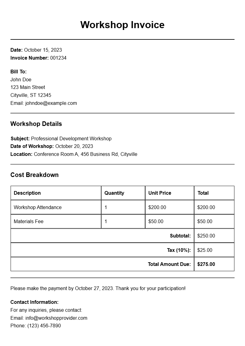 Workshop Invoice Samples for Effective Billing Solutions