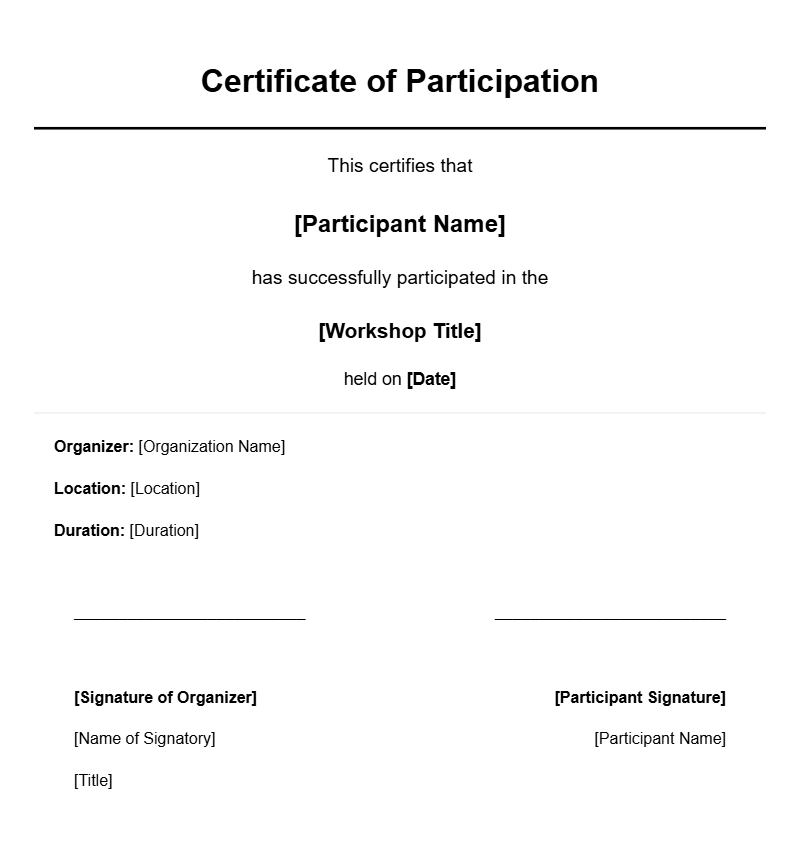 Workshop Participant Certificate Samples for Recognition