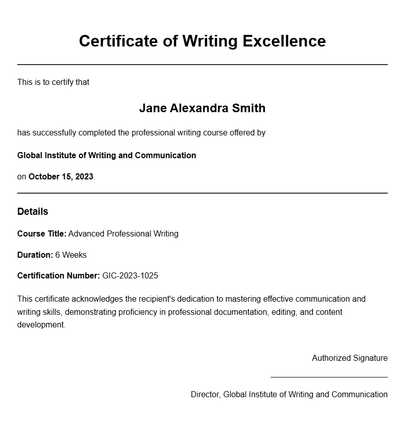 Sample Writer Certificates for Professional Recognition