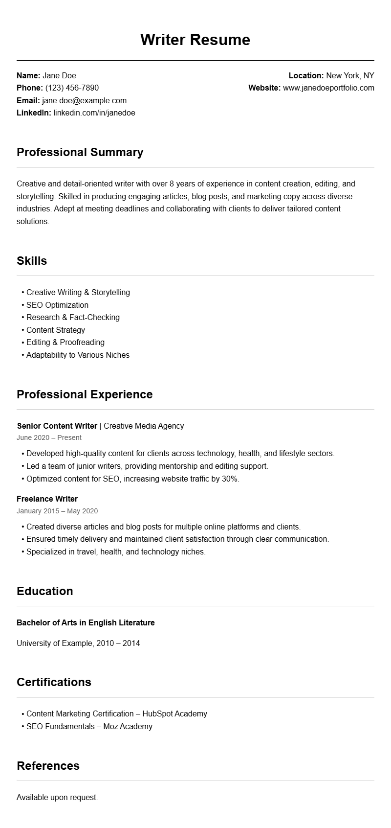 Professional Writer Resume Templates for Your Job Search