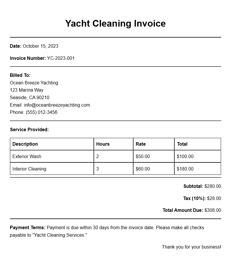 Yacht Cleaner Invoice Samples for Efficient Billing