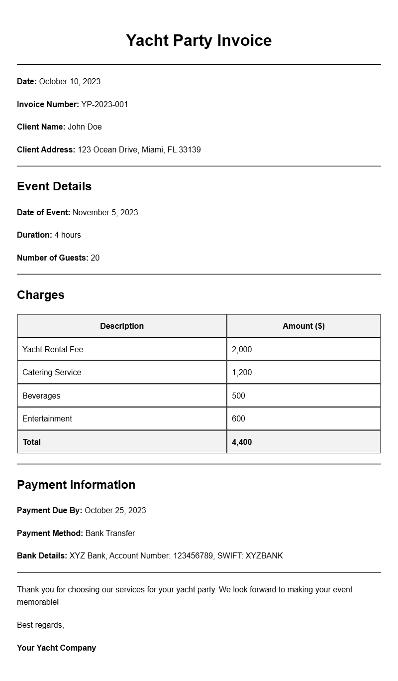 Yacht Party Invoice Samples for Your Event Planning Needs Yacht Party Invoice Samples for Your Event Planning Needs