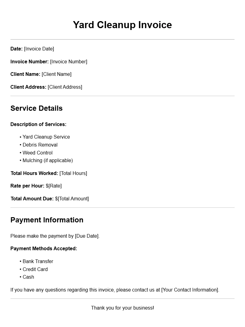 Yard Cleanup Invoice Templates for Easy Billing