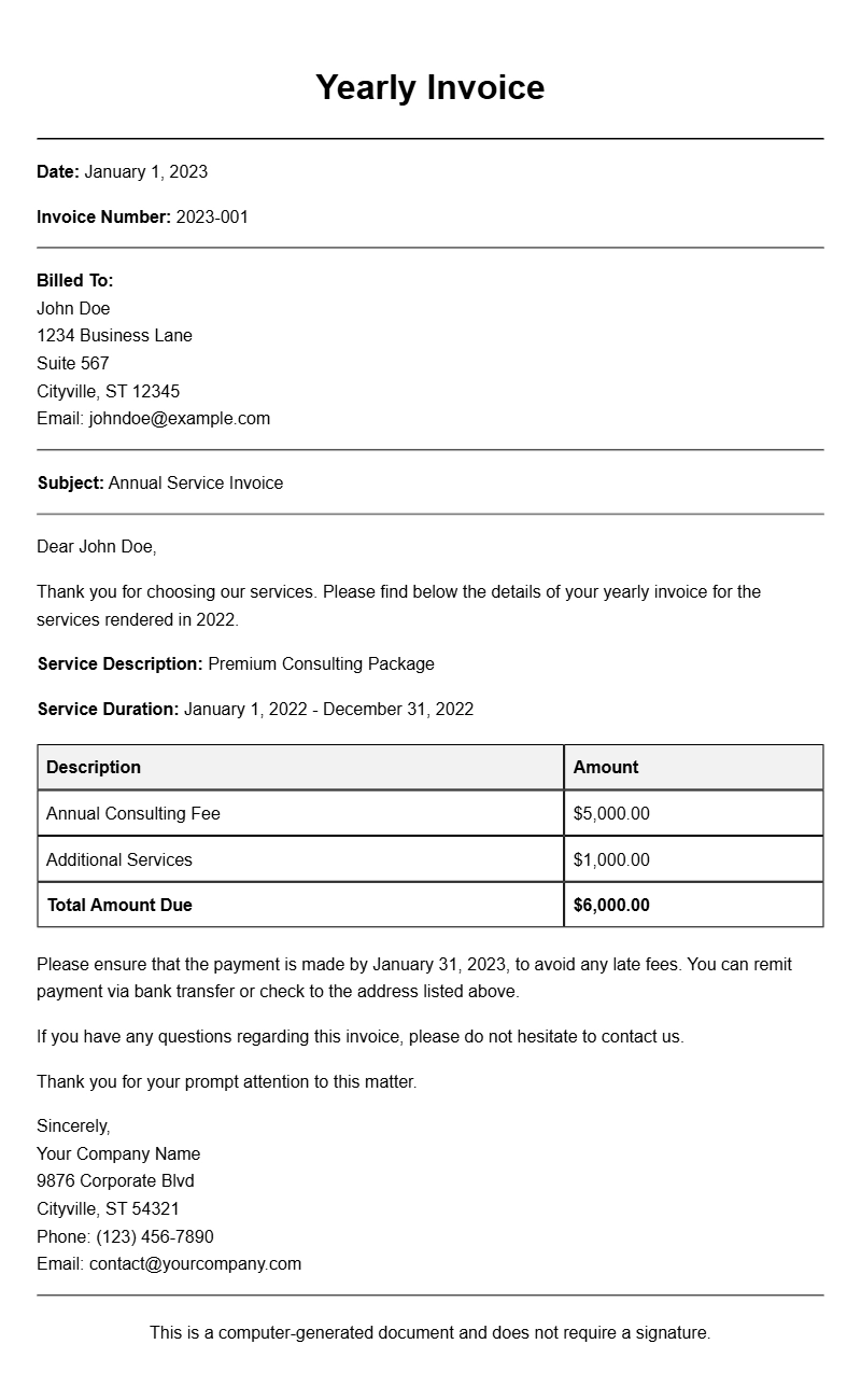 Yearly Invoice Samples for Your Business Needs