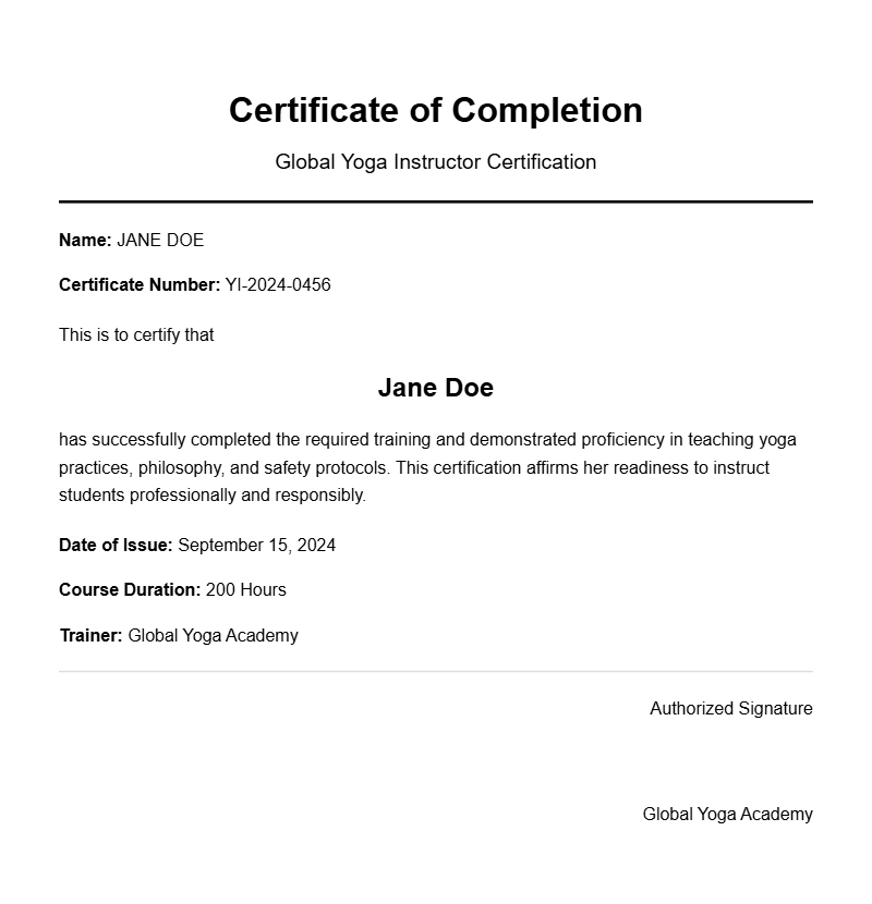 Yoga Instructor Certificate Samples for Your Certification Journey