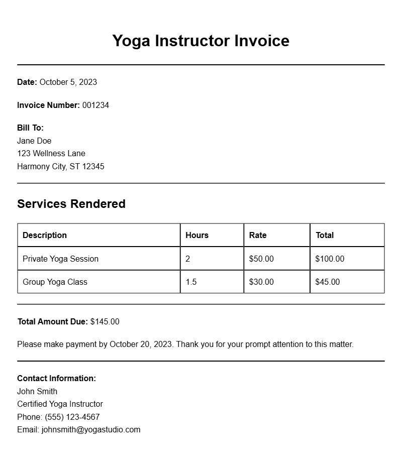 Yoga Instructor Invoice Samples for Your Business Needs