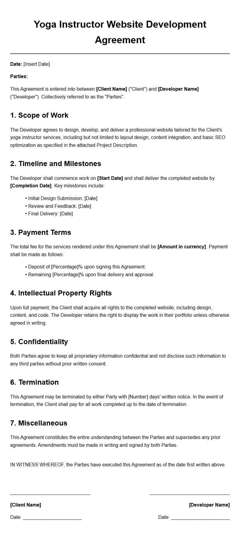 Yoga Instructor Website Development Agreement Templates