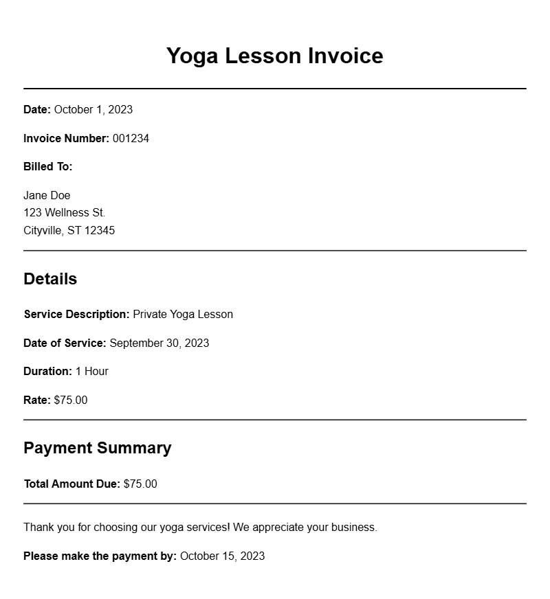 Yoga Lessons Invoice Samples for Your Business Needs