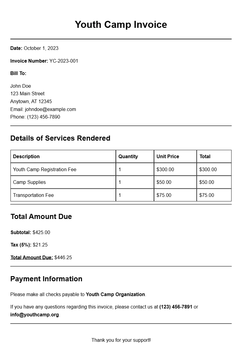 Youth Camp Invoice Samples for Easy Billing Management