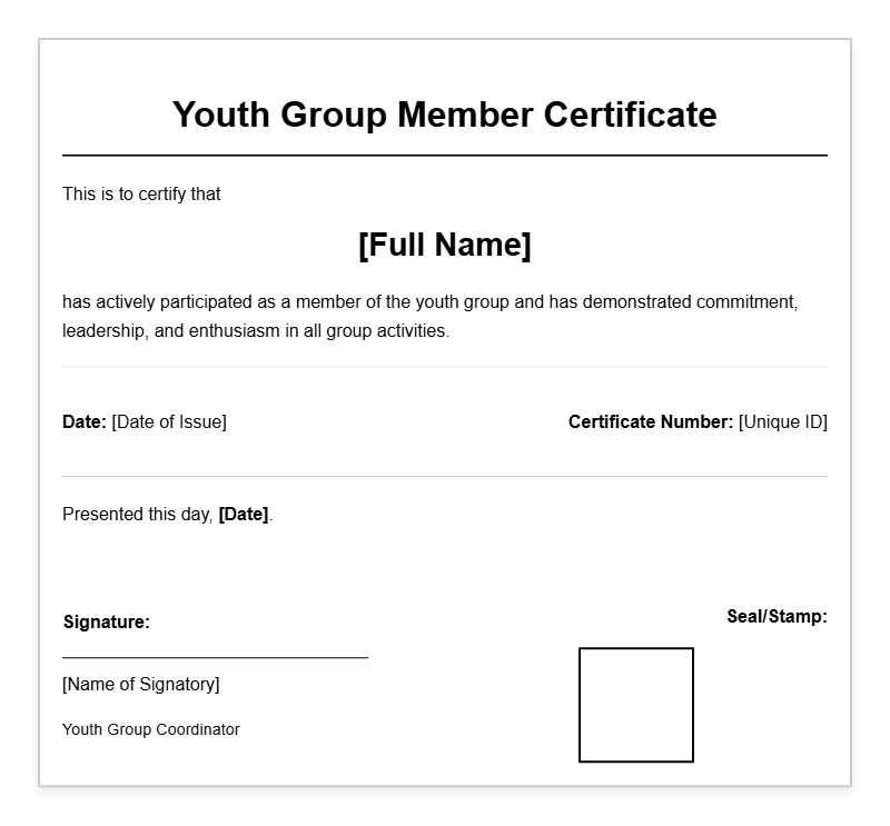 Youth Group Member Certificate Templates for Recognizing Participation