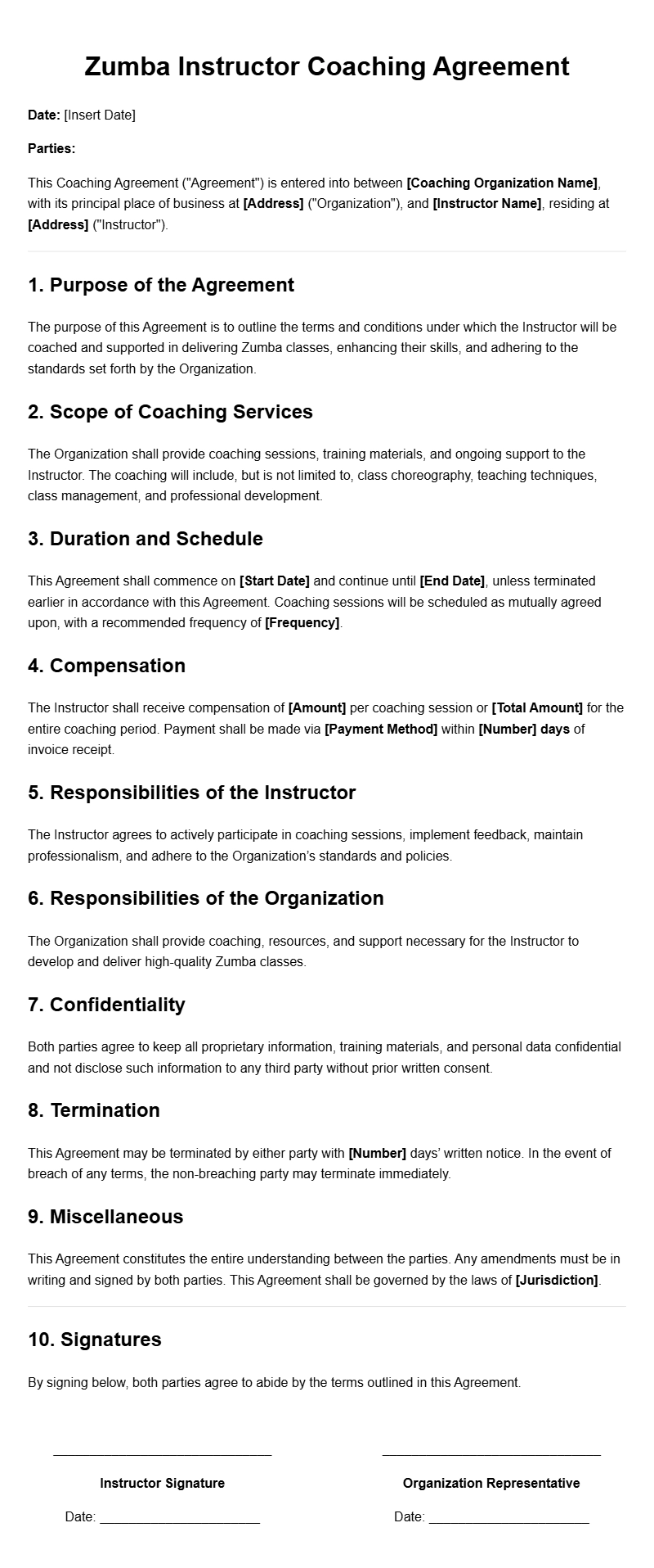 Zumba Instructor Coaching Agreement Templates