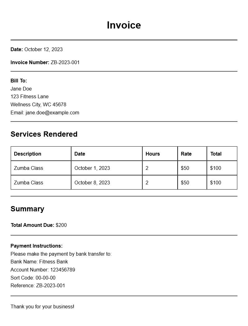 Zumba Instructor Invoice Samples for Your Business Needs